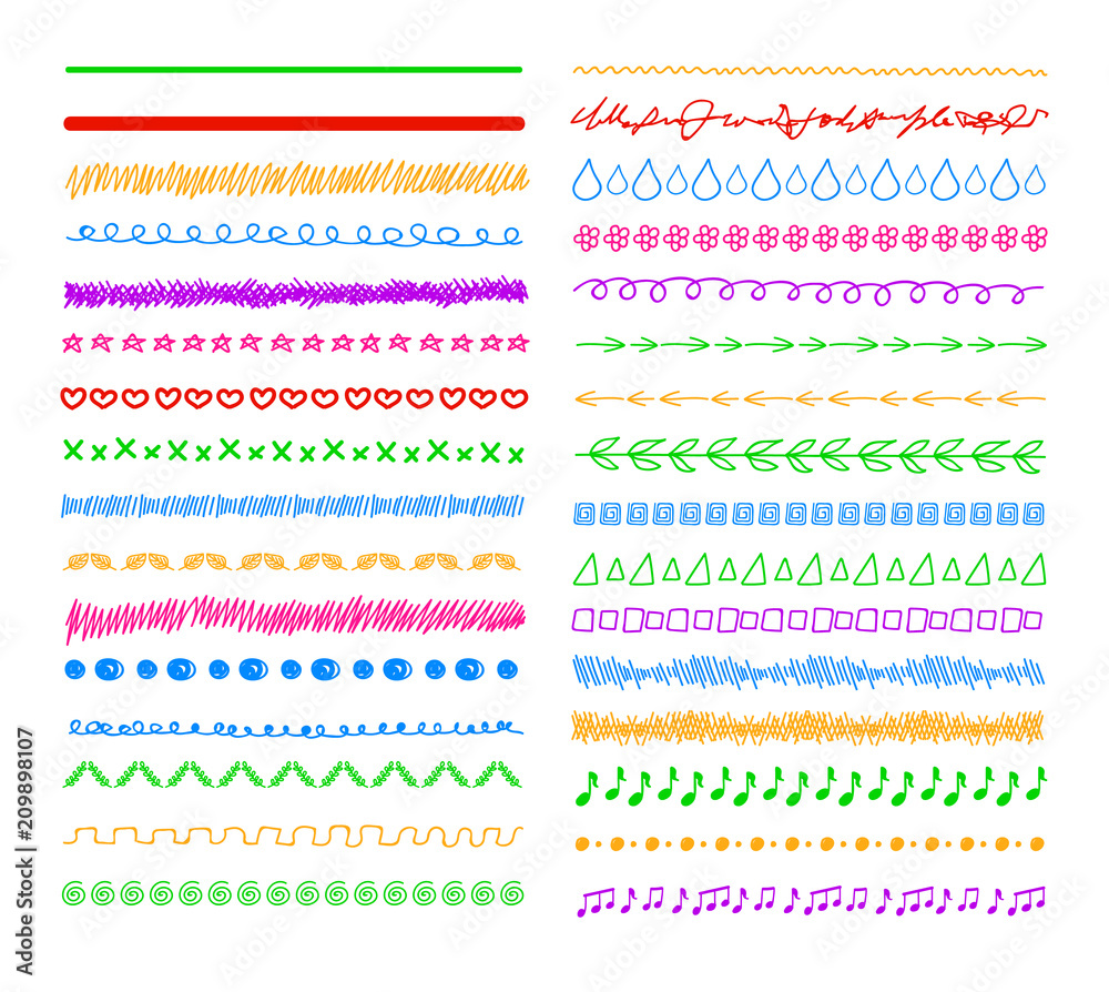 Vector Colorful Doodle Divider Lines, Borders Set Background.