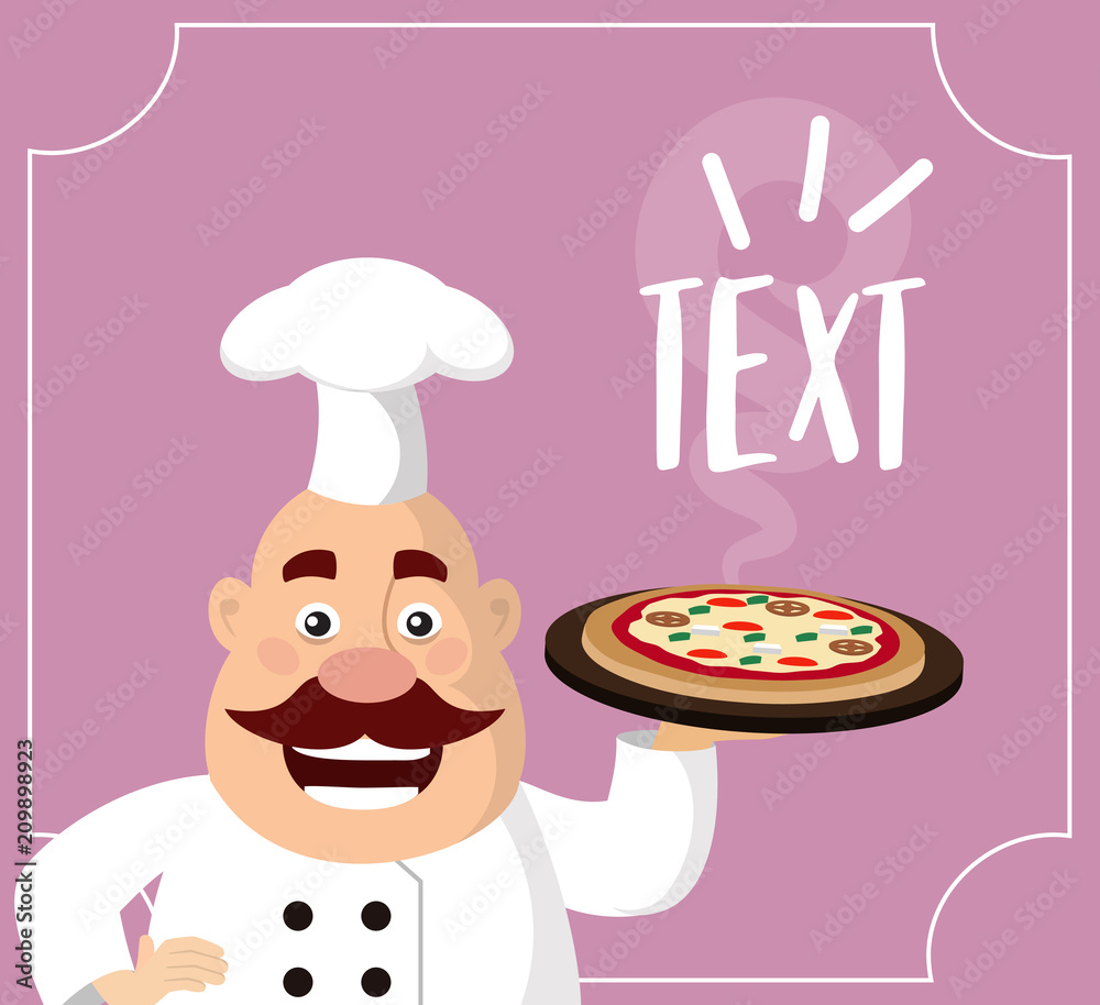 Fat Cartoon Chef holds pizza Flat Vector Illustration Design Fat Cartoon Chef holds pizza Flat Vector Illustration Design