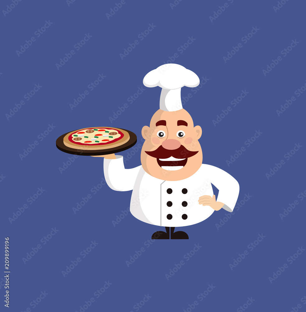 Fat Cartoon Chef holding pizza Flat Vector Illustration Design Fat Cartoon Chef holding pizza Flat Vector Illustration Design