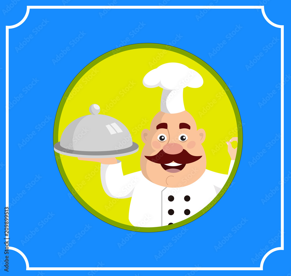 Fat Cartoon Chef with hot food Flat Vector Illustration Design Fat Cartoon Chef with hot food Flat Vector Illustration Design