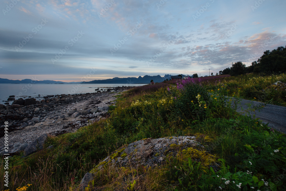 Road near shore of the lake with view to mountains in the Norway at summer sunset