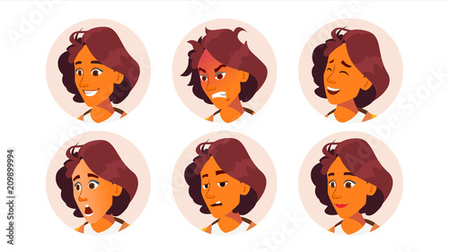 Fototapeta Naklejka Na Ścianę i Meble -  Avatar Woman Vector. Facial Emotions. Icon Placeholder. Face Silhouette. Various Expression. Office Worker. Cartoon Character Illustration