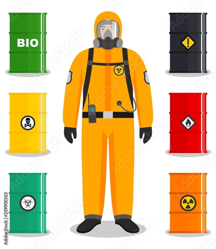 Industry concept. Detailed illustration of worker in protective suit. Metal barrels for oil, biofuel, explosive, chemical, radioactive, toxic, hazardous, dangerous, flammable and poisonous substances.