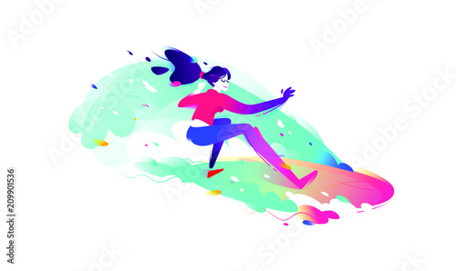 Illustration of a surfer girl. Vector illustration. Bright and harismatic girl character. Image is isolated on white background. Character girl. Flat illustration for banner and site.