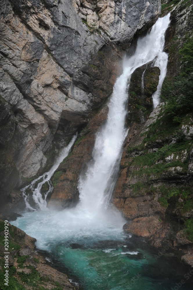 Obraz premium Savica waterfall in Triglav National Park, Slovenia, near the lake of Bohinj