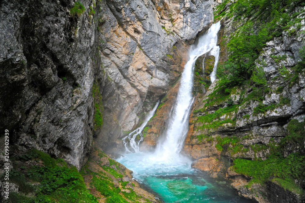 Obraz premium Savica waterfall in Triglav National Park, Slovenia, near the lake of Bohinj