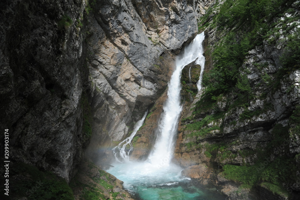 Obraz premium Savica waterfall in Triglav National Park, Slovenia, near the lake of Bohinj