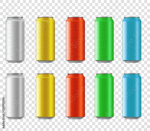 Set of multicolored metal cans with water drops for beverage