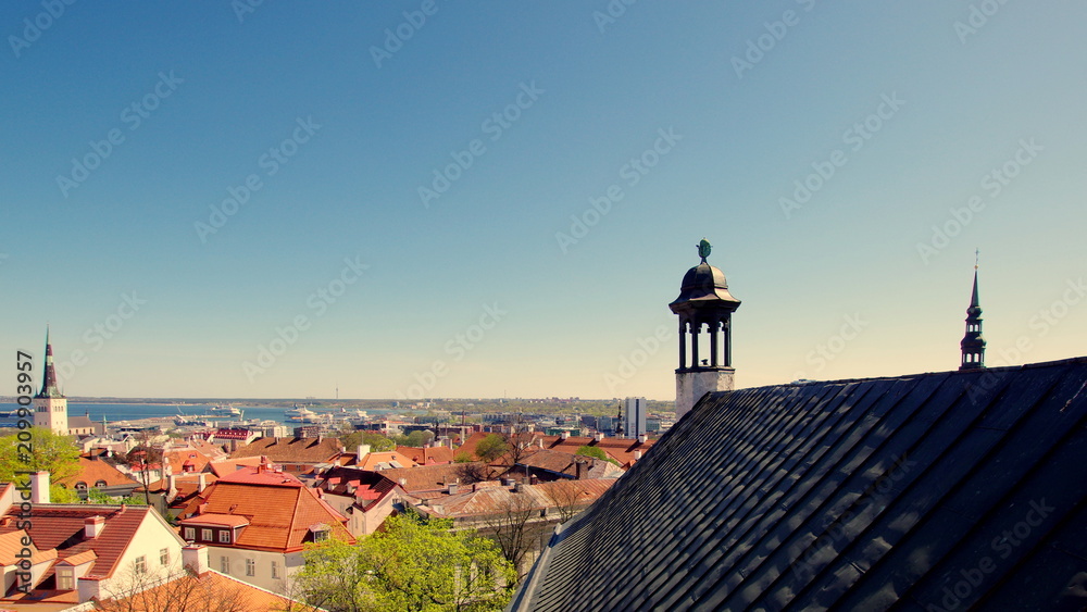 Widok z wieży kościelnej na estońską stolicę, Tallin - krajobraz starego, zabytkowego miasta z Europy Północno Wschodniej - obrazy, fototapety, plakaty 