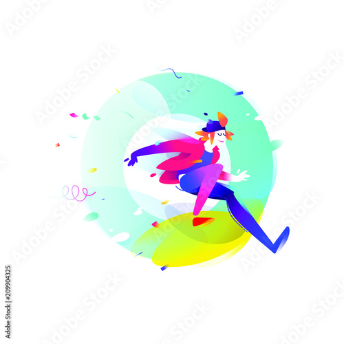 Illustration of a cartoon young man. Vector illustration. The boy runs out of the letter O. The image is isolated on a white background. Flat fashion illustration for banner  print and website. Mascot