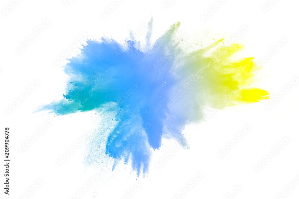 Yellow green powder explosion on white background. Green color dust splash.