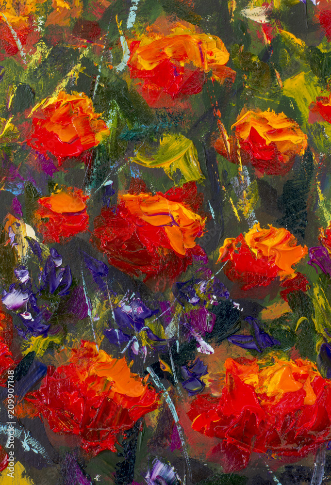Red poppies textured blossoms with a palette knife closeup on background. Original oil painting of flowers,beautiful field flowers on canvas. Modern Impressionism. Impasto artwork.