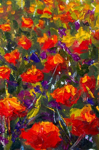 Obraz Oryginalny ręcznie malowany abstrakcyjny obraz olejny w jasnych kwiatach. Czerwone, żółte, pomarańczowe kwiaty streszczenie. Makro impasto.