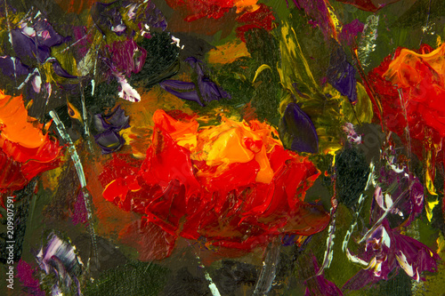 Fototapeta Oryginalny ręcznie malowany obraz olejny o jasnych kwiatach wykonany z palety. Czerwone, żółte, pomarańczowe kwiaty abstrakcyjne. Makro malowanie impastowe.
