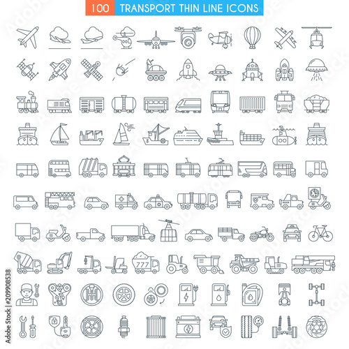 Vehicles thin line icons. Big set. Transportation, cars, bikes, bus, trains, ships, space shuttle, rockets, public transport modern icons Flat line design icons collection . Vector illustration