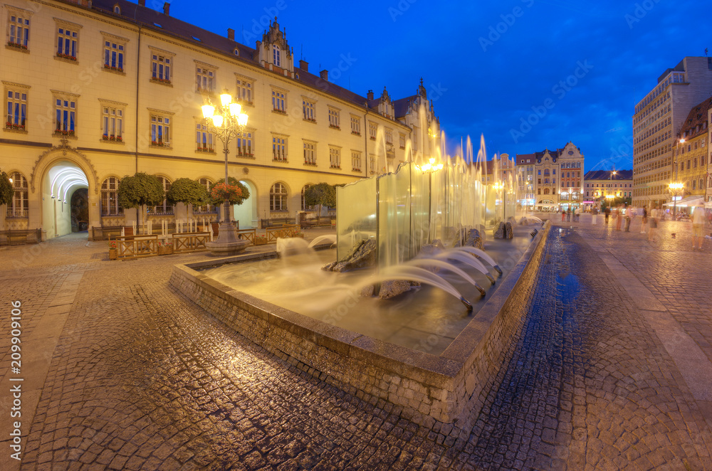 A beautiful fountain in the center of the old town. Wroclaw, Poland.