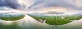 Panoramic aerial view of the Phang Nga bay with mangrove tree forest and hills in the Andaman sea, Thailand. Unseen thailand of Phang nga bay in morning