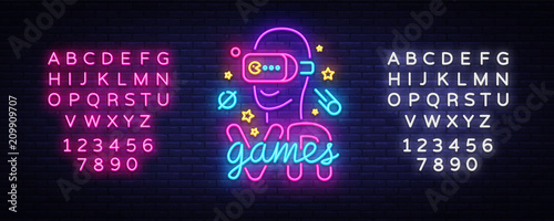 VR games neon sign vector. Virtual Reality Logotype Games, Emblem in Modern Trend Design, Vector Template, Light Banner, Night Vivid Video Game Promotion, Design Element. Vector. Editing neon sign