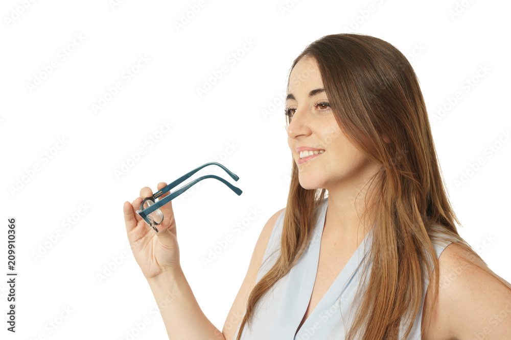Caucasian woman quits glasses, profile view Caucasian woman quits glasses, profile view