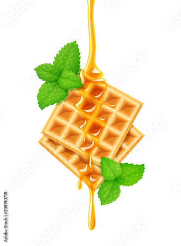 Belgian Waffle, honey and peppermint. Dessert sweetness. Concept