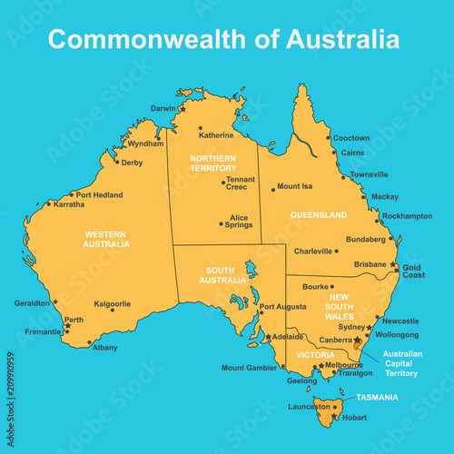 Map Of Australia with major Towns and Cities  vector illustration.
