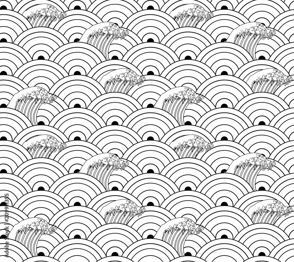 Vector Seamless Pattern, Oriental Waves Outline Background. Vector Seamless Pattern, Oriental Waves Outline Background.