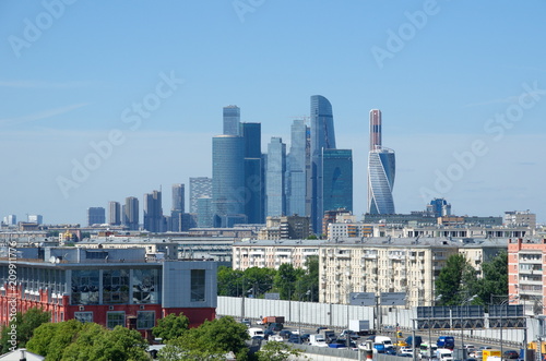 Moscow, Russia - June 15, 2018: View of the towers of the business center "Moscow-city" and the third ring road from the observation deck near the building of the Russian Academy of Sciences 