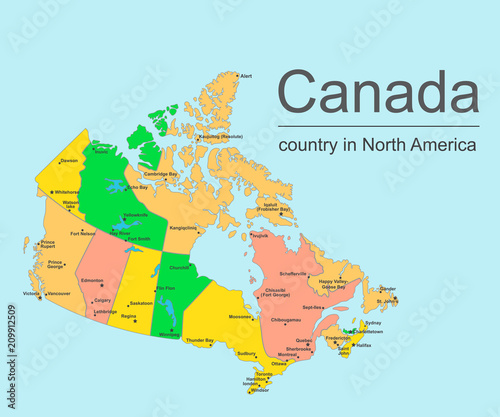 Canada map with provinces and cities, vector illustration.