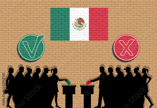 Mexican voters crowd silhouette in election with check marks and Mexico flag graffiti