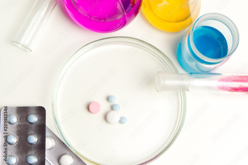 Chemical Laboratory and reagents .Illegal drug production in laboratories. The concept of drug abuse. Opioid epidemic. Selective focus Chemical Laboratory and reagents .Illegal drug production in laboratories. The concept of drug abuse. Opioid epidemic. Selective focus
