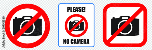 No cameras allowed square sign. Red prohibition no camera sign. No taking pictures, no photographs sign.