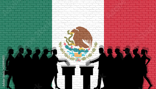 Mexican voters crowd silhouette in election with Mexico flag graffiti in front of brick wall