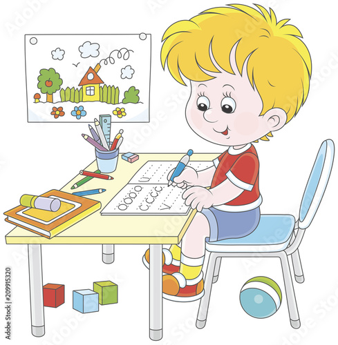 Little boy doing his homework in an exercise book with samples of writing, vector illustration in a cartoon style