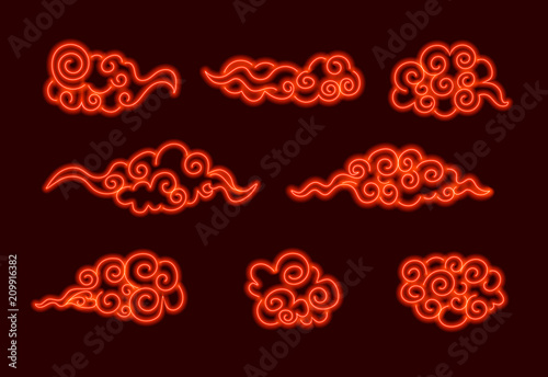 Vector neon Oriental Clouds, Glowing Illustrations Set on Dark Background.