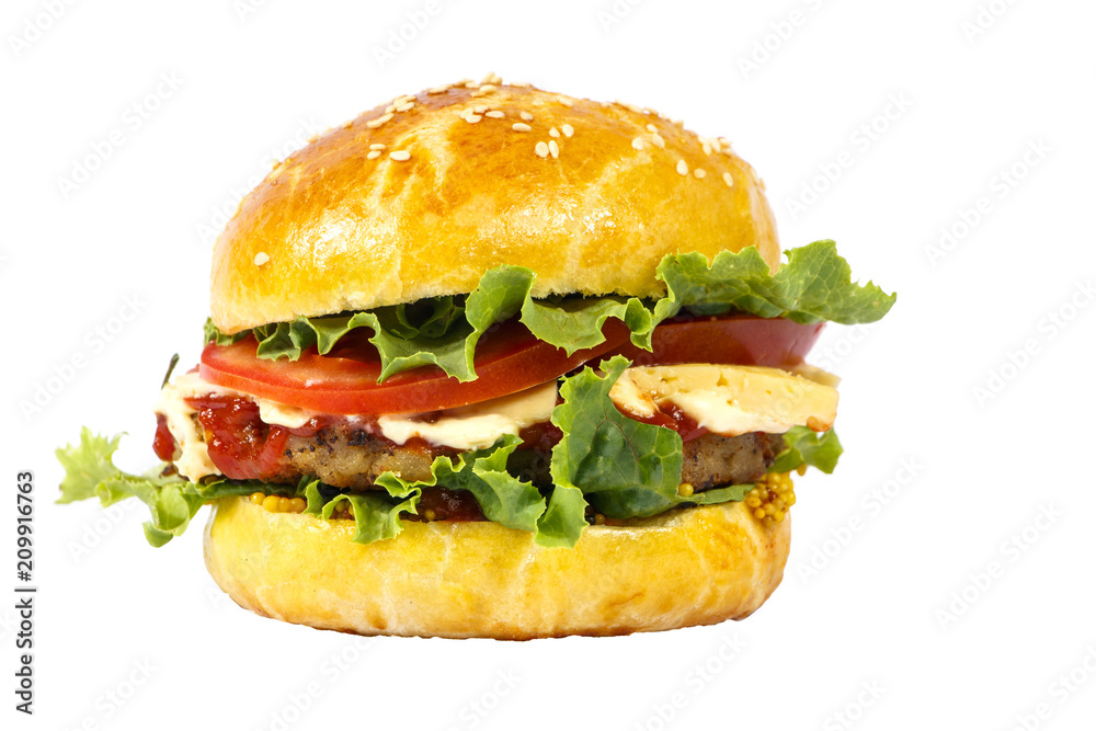 Hamburger isolated on white background with copy space. Hamburger with fresh vegetables on a white background. Burger