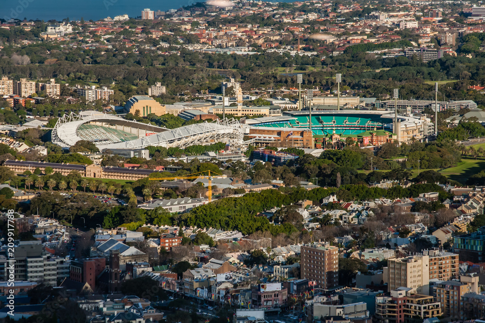 An aerial view of Sydney with the Olympic Stadium