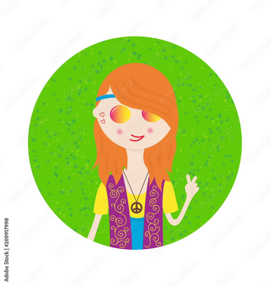 Beautiful hippie girl cute sticker in bright colors. Cartoon style. Beautiful hippie girl cute sticker in bright colors. Cartoon style.
