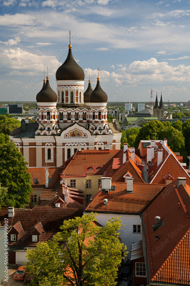TALLINN, ESTONIA - View from the Bell tower of Dome Church / St. Mary's Cathedral, Toompea hill at The Old Town and Russian Orthodox Alexander Nevsky Cathedral