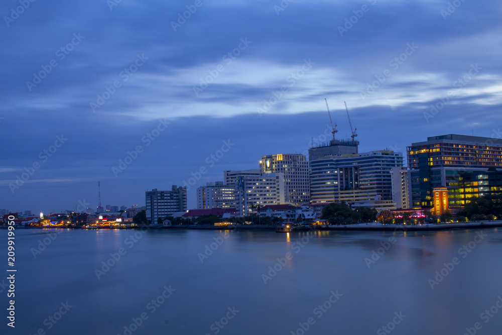 Chao Phraya River view at night and beautiful building lights.