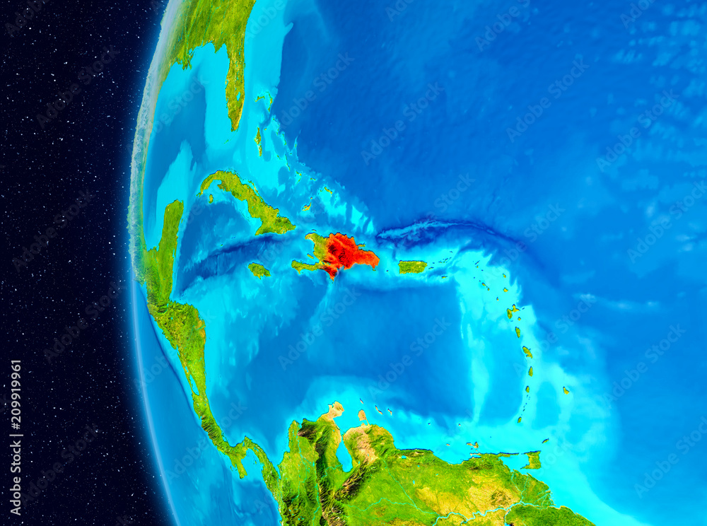 Space view of Dominican Republic in red