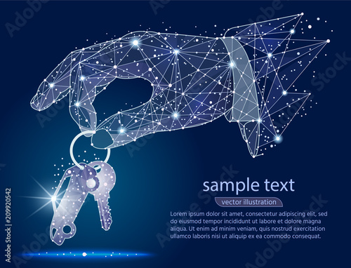 hand giving car keys.abstract design , logo isolated from low poly wireframe on space background. Vector abstract polygonal image mash line and point. Digital graphics illustration