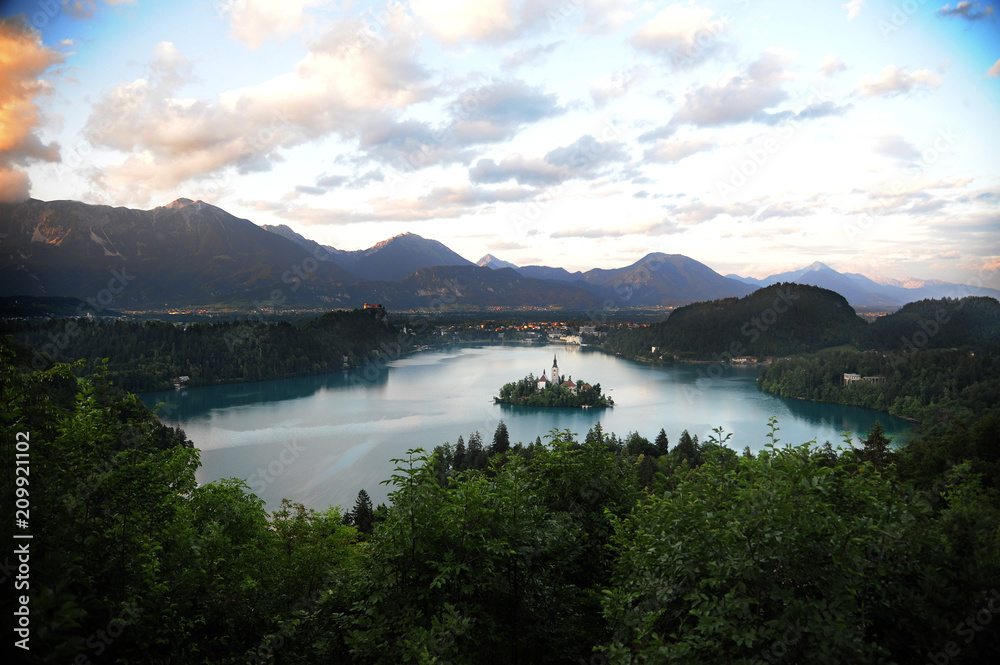 view of the lake of Bled and its island in Slovenia