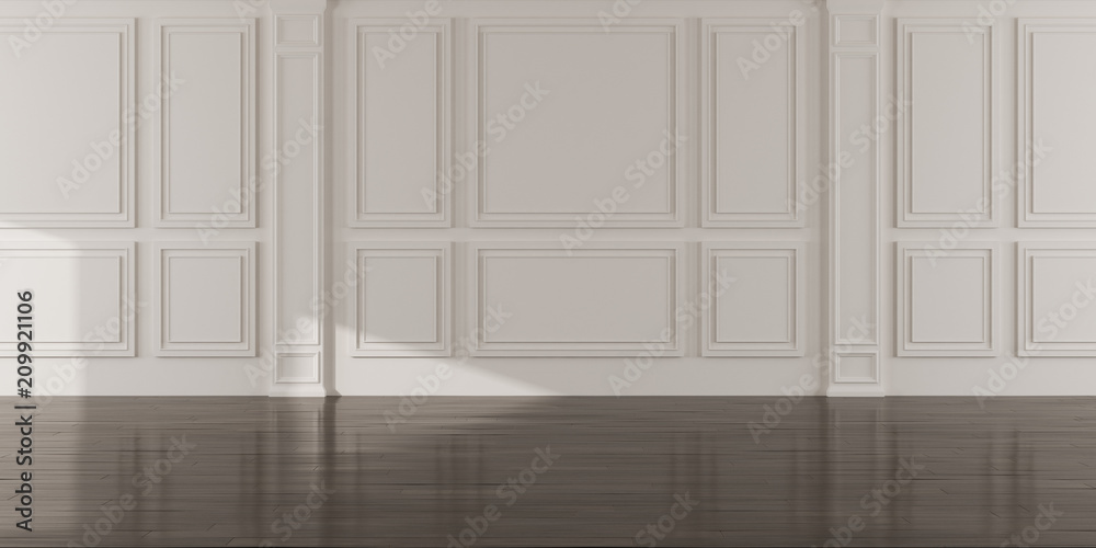 Perspective of the sun light cast the shadow on white empty room and dark laminate wood floor,classic interior style.blank space architecture. 3D rendering. Perspective of the sun light cast the shadow on white empty room and dark laminate wood floor,classic interior style.blank space architecture. 3D rendering.
