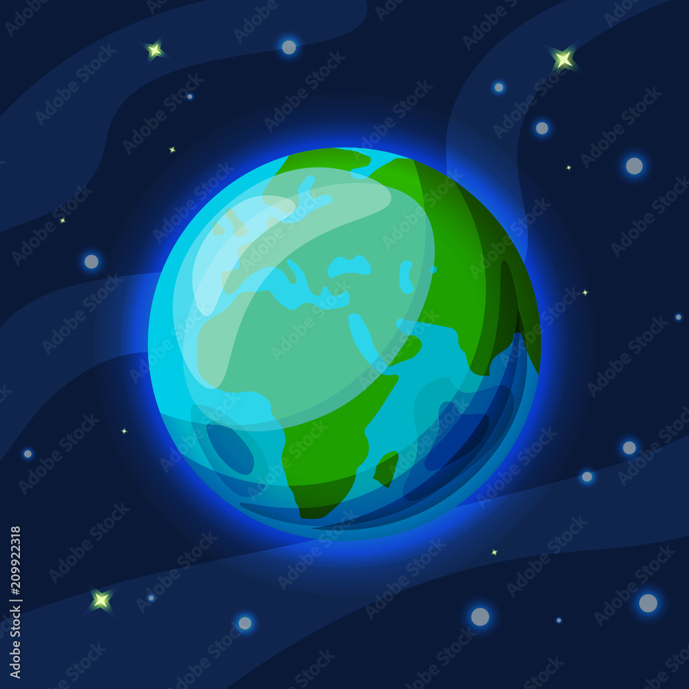Earth vector cartoon and flat illustration. Green and blue Earth planet in  starry space with atmosphere glowing. Vector Earth illustration, with  continents and oceans in front Stock Vector | Adobe Stock