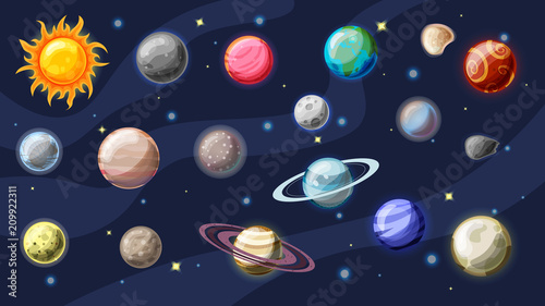 Solar system vector cartoon collection. Planets, moons of Earth, Jupiter and other planet of Solar system, with asteroids, Sun and planet rings. Set of cartooning planets of Solar system, space vector