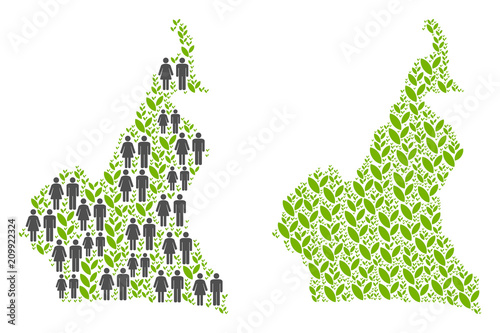 People population and environment African Cameroon map. Vector abstraction of African Cameroon map done of scattered men and woman and blossom items in variable sizes.