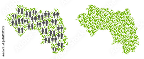 People population and eco African Guinea map. Vector mosaic of African Guinea map organized of random family and plantation elements in different sizes.