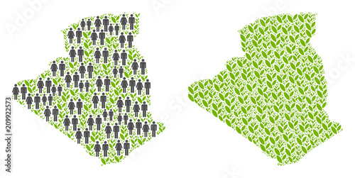 People population and eco Algeria map. Vector composition of Algeria map formed of random person and agriculture items in various sizes. Abstract social presentation of national mass cartography.