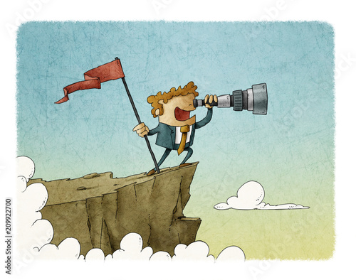 businessman standing on top of a mountain with a flag and looking into the telescope, business concept success.