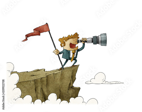 businessman standing on top of a mountain with a flag and looking into the telescope, business concept success. isolated.
